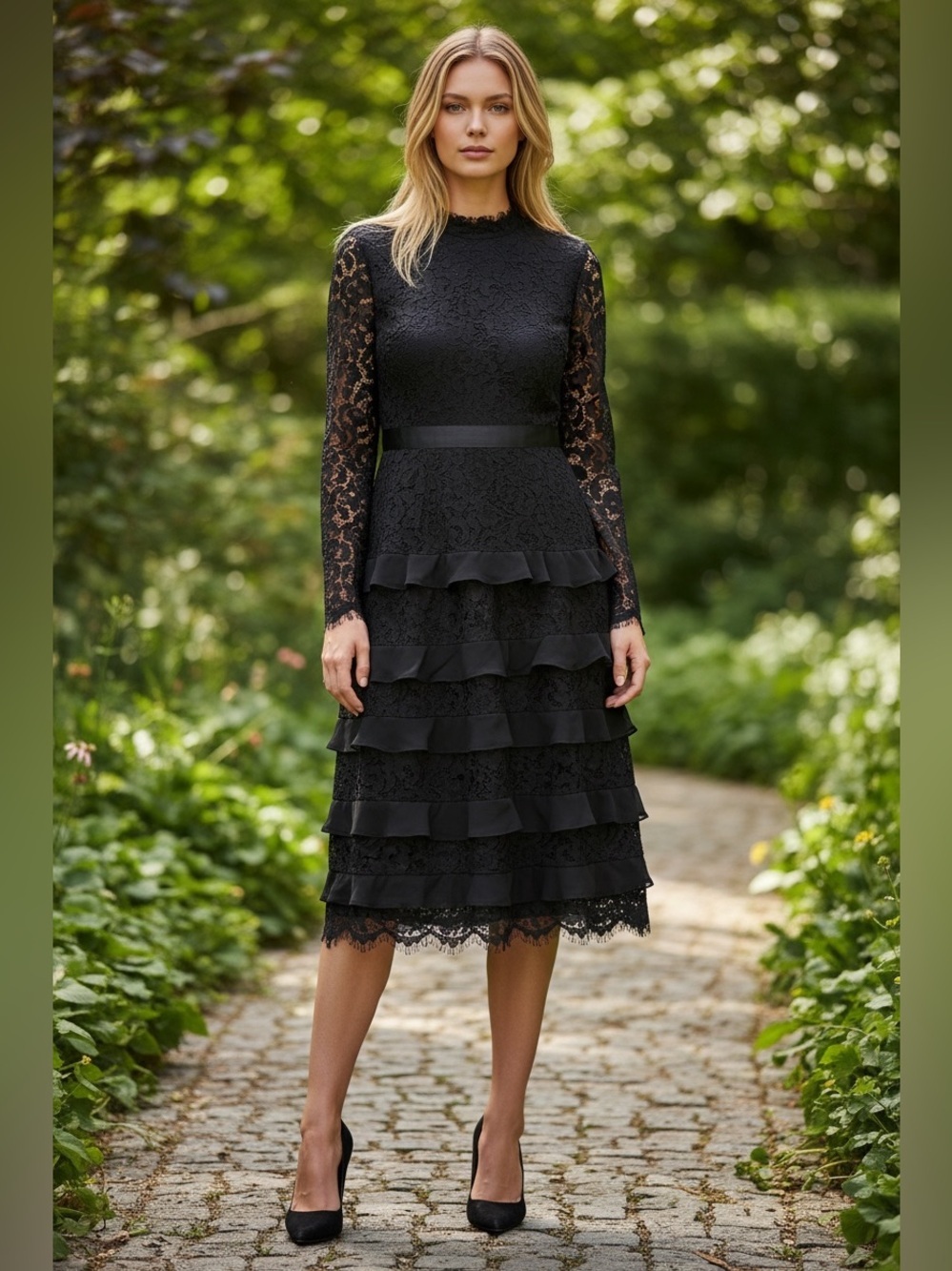 Rachel Parcell Black Lace Tiered Midi Dress size M